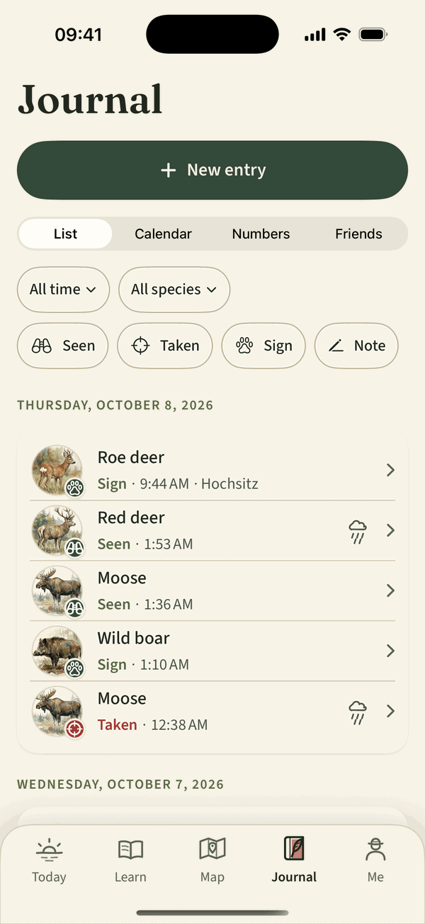 The journal in the app: the list of entries, each with the round painting of the animal and the kind of entry