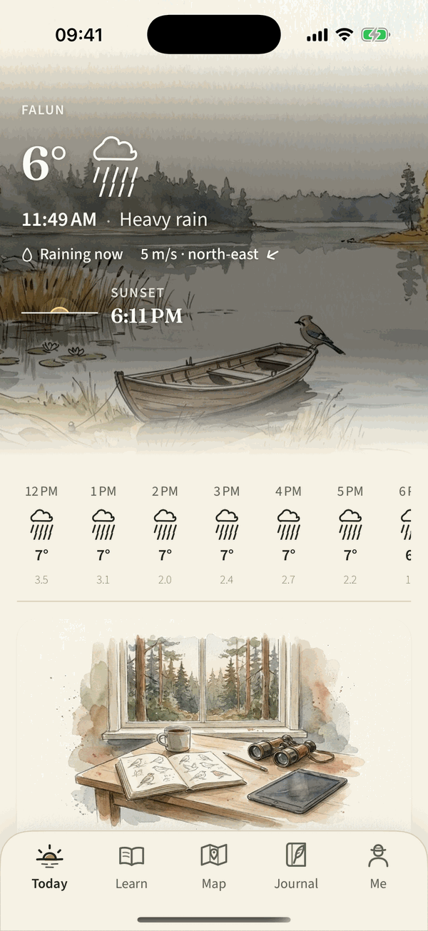 The Today screen of the app: the weather over the painted lake, the hours ahead and the next step of the course