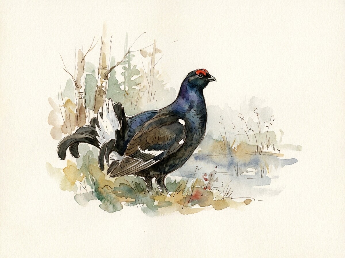 Watercolour plate of a black grouse cock in the heather