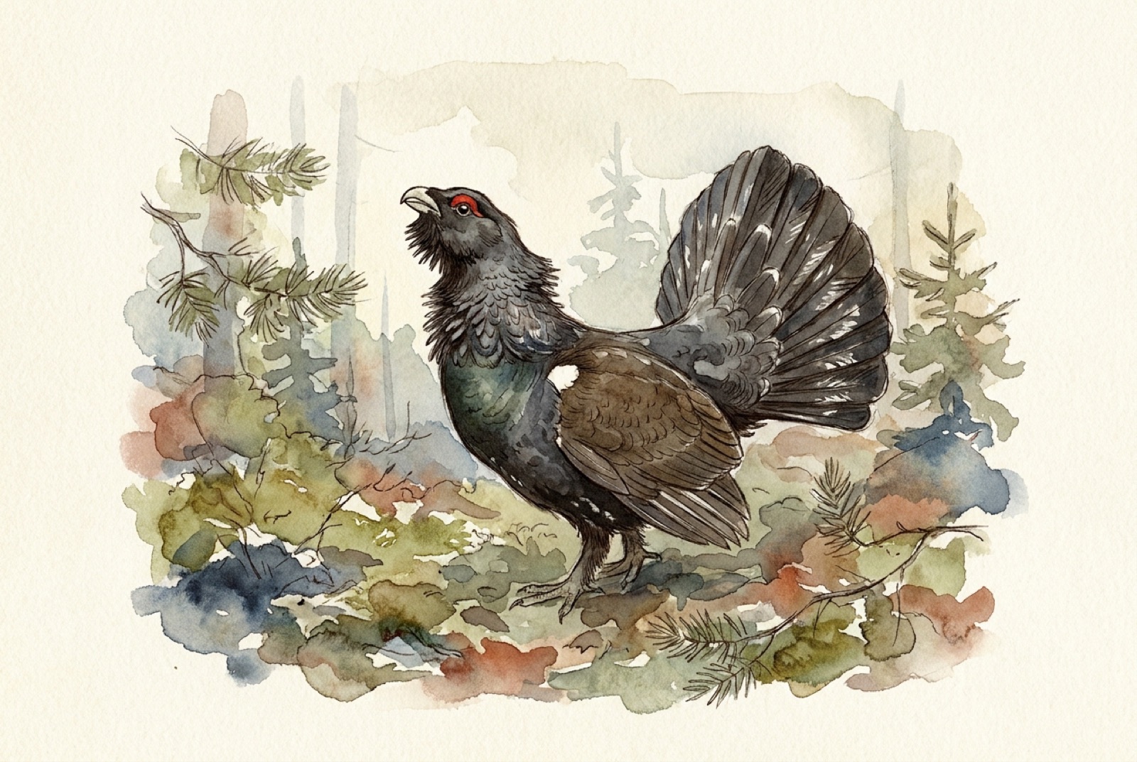 Watercolour plate of a displaying capercaillie in a pine forest