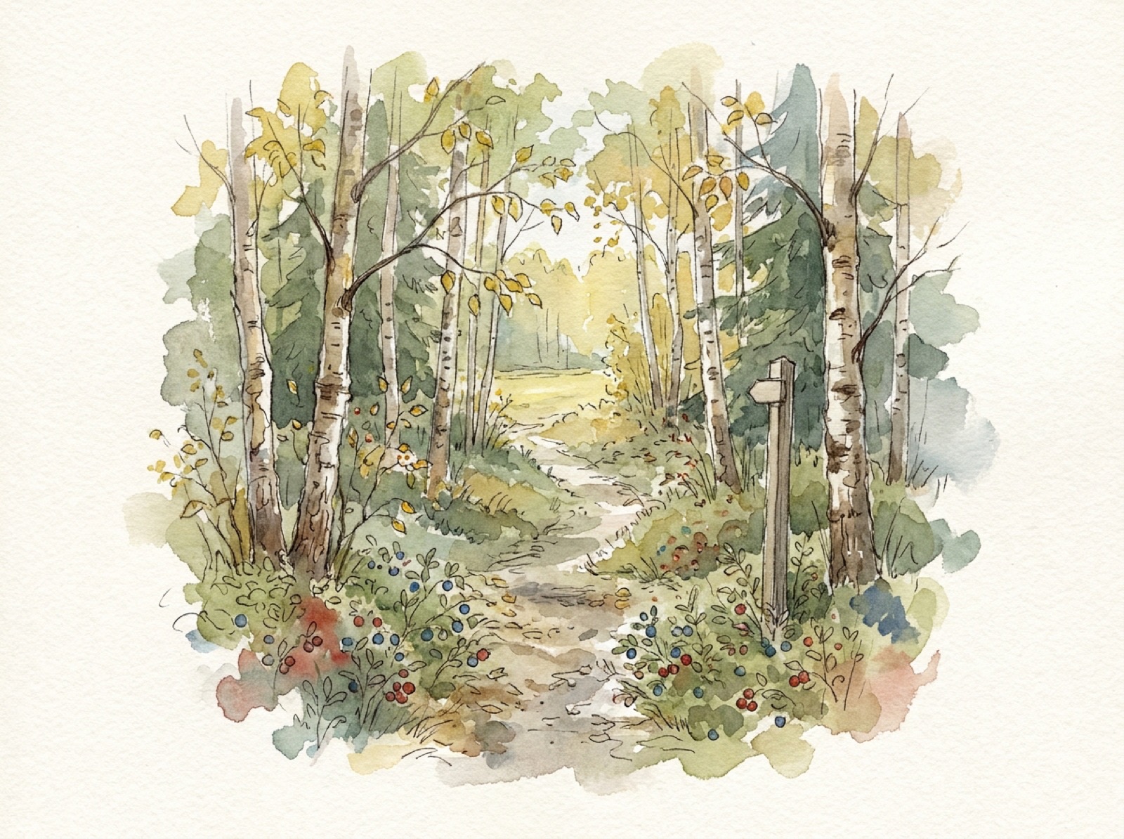 Watercolour of a path through a birch forest in autumn light