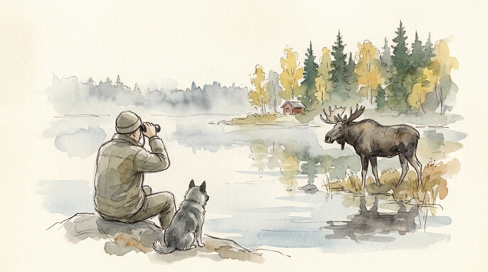 Watercolour of a hunter with binoculars and his dog at a misty lake, a moose in the shallows and a red cabin on the far shore