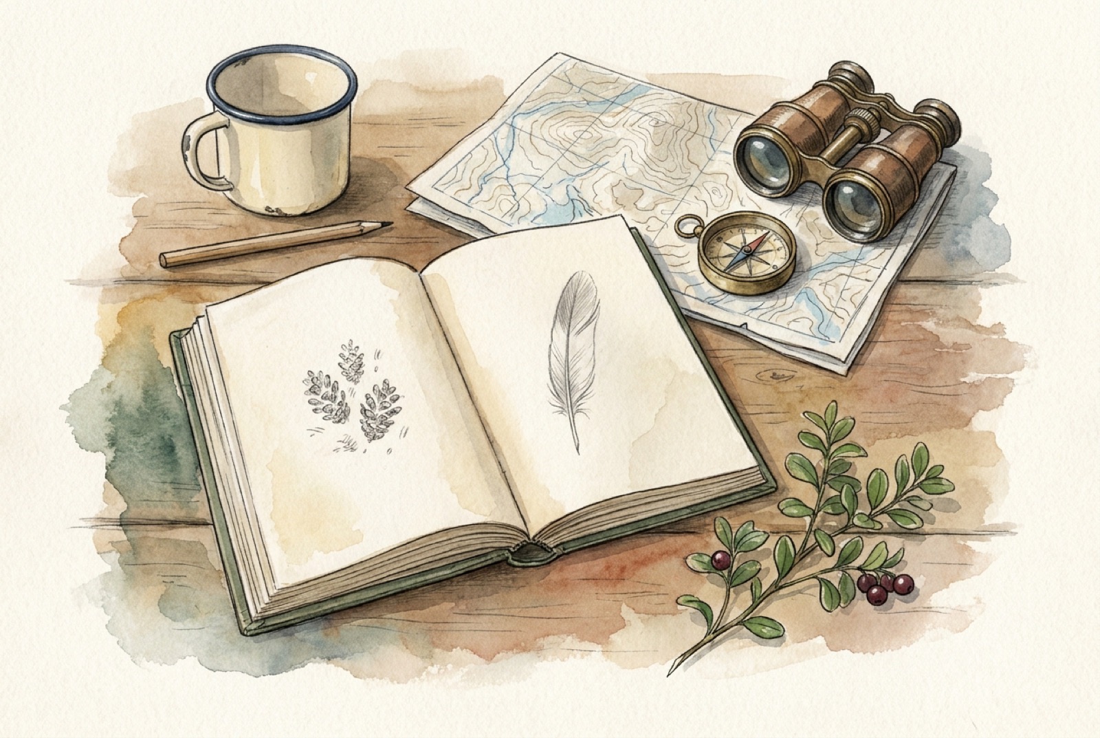Watercolour of an open notebook with track sketches, a map, binoculars and a compass