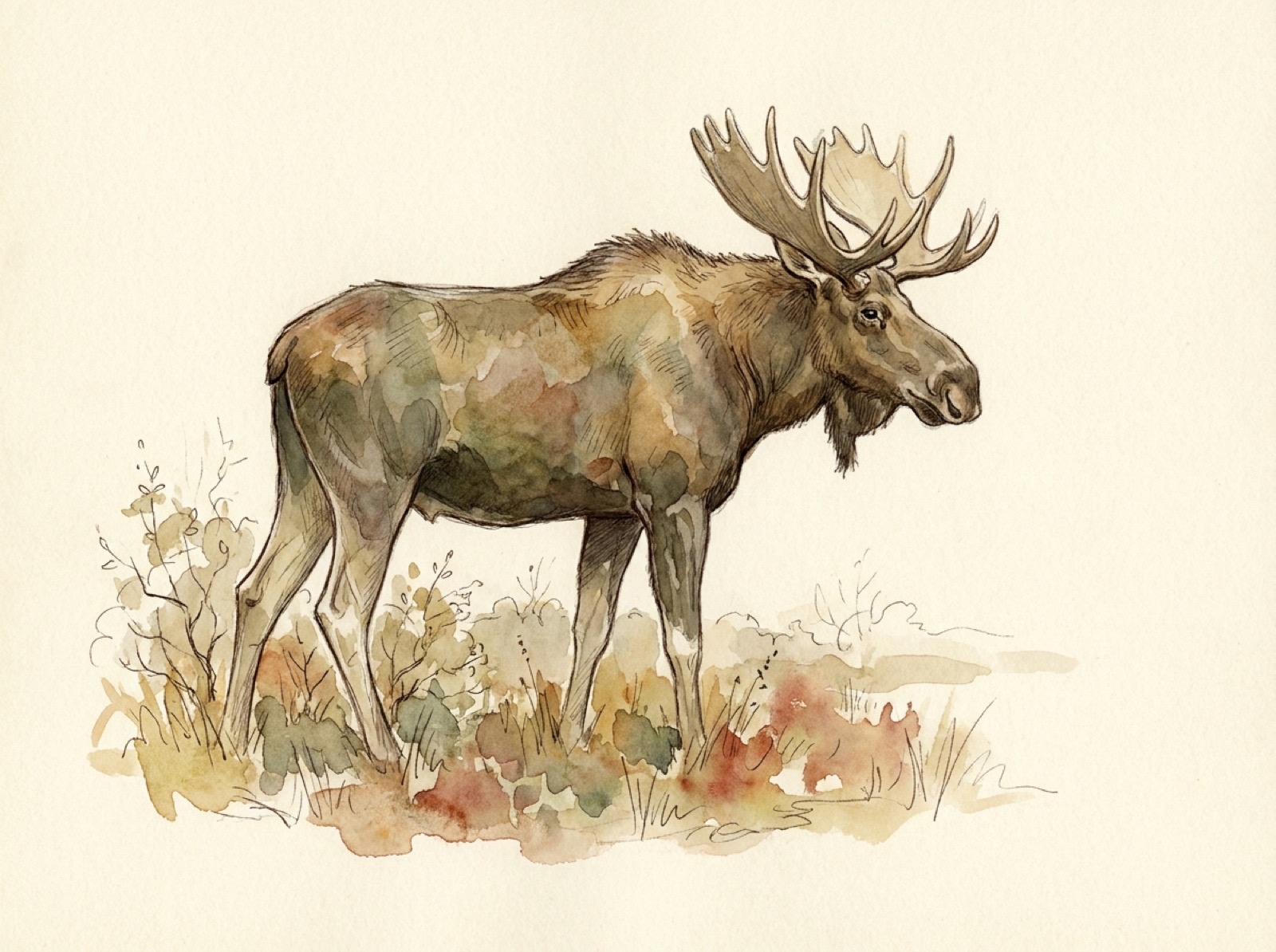 Watercolour plate of a bull moose in autumn grass