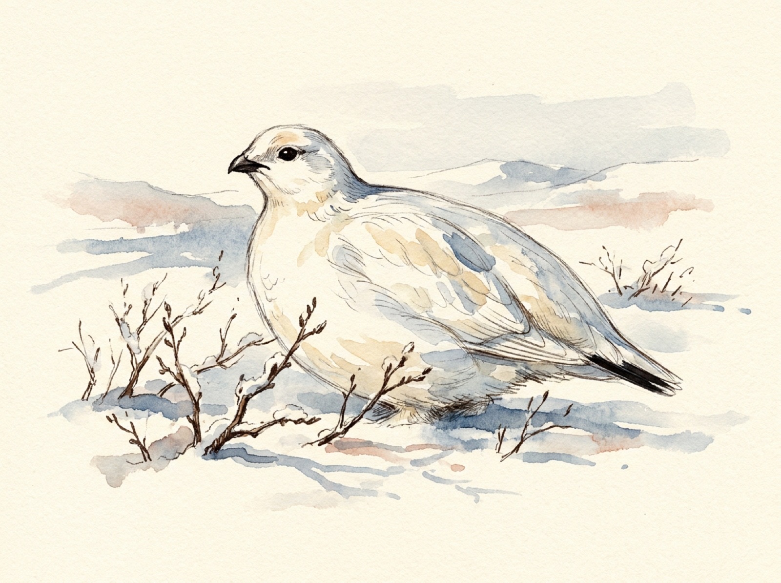Watercolour plate of a white ptarmigan in snow