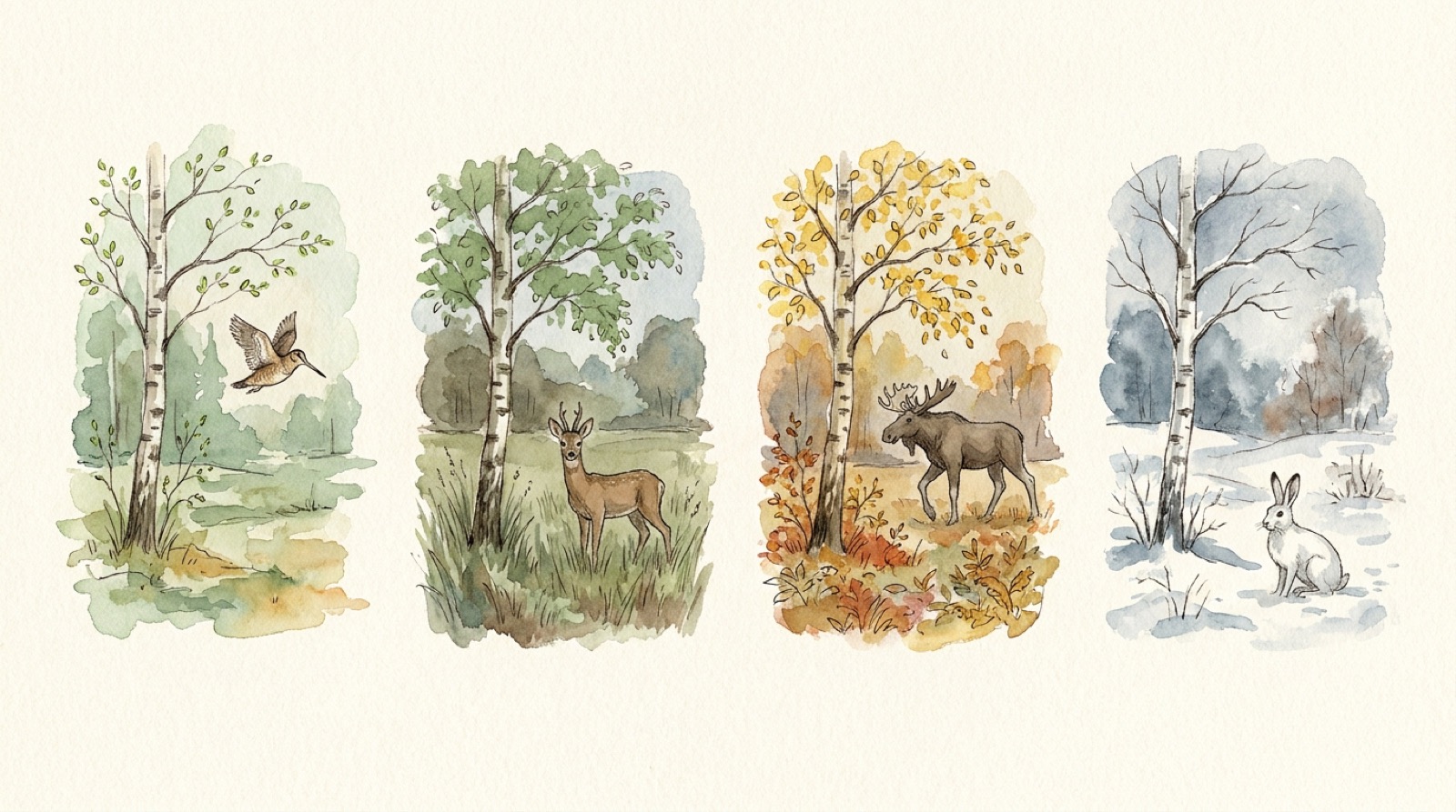 Watercolour of the same forest clearing in spring, summer, autumn and winter