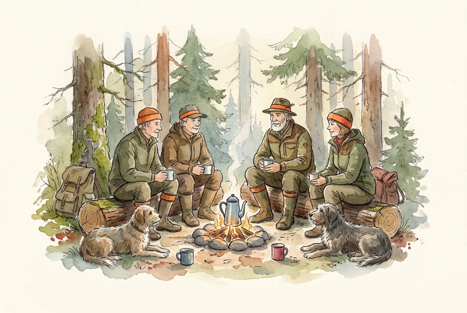 Watercolour of four hunters and two dogs around a campfire in the forest, with a coffee pot