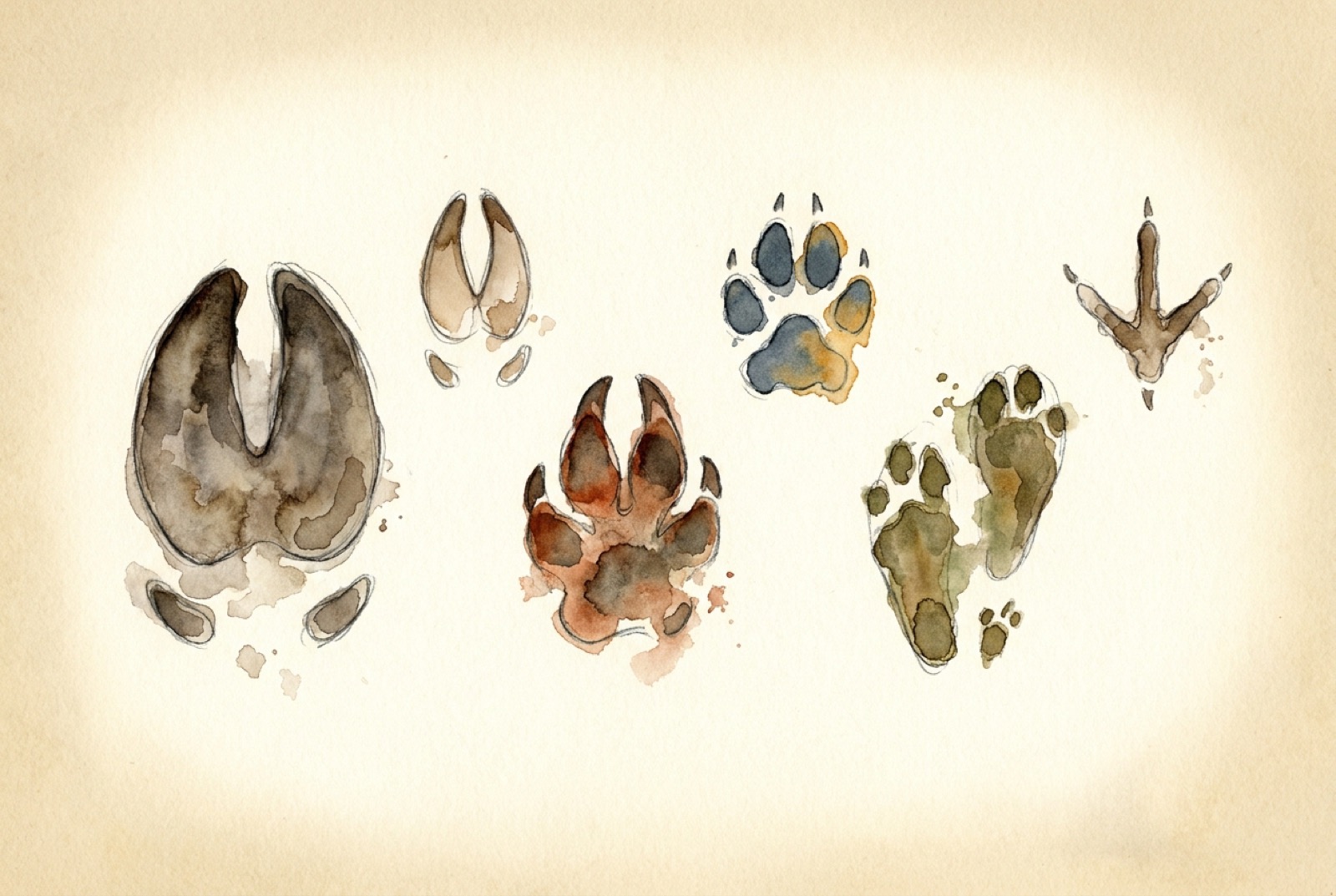 Watercolour plate of animal tracks: hoof, paw and bird prints