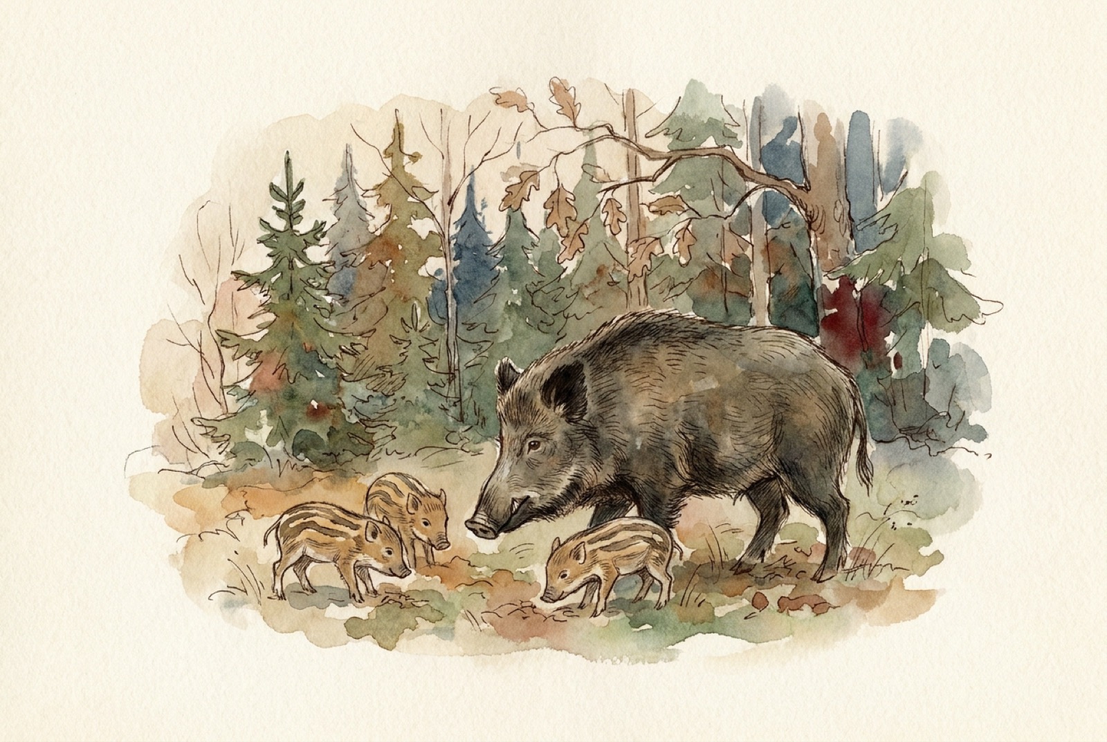 Watercolour plate of a wild boar with piglets at a forest edge